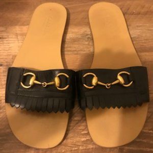 GUCCI  Nero Black Leather Fringe Slides 39